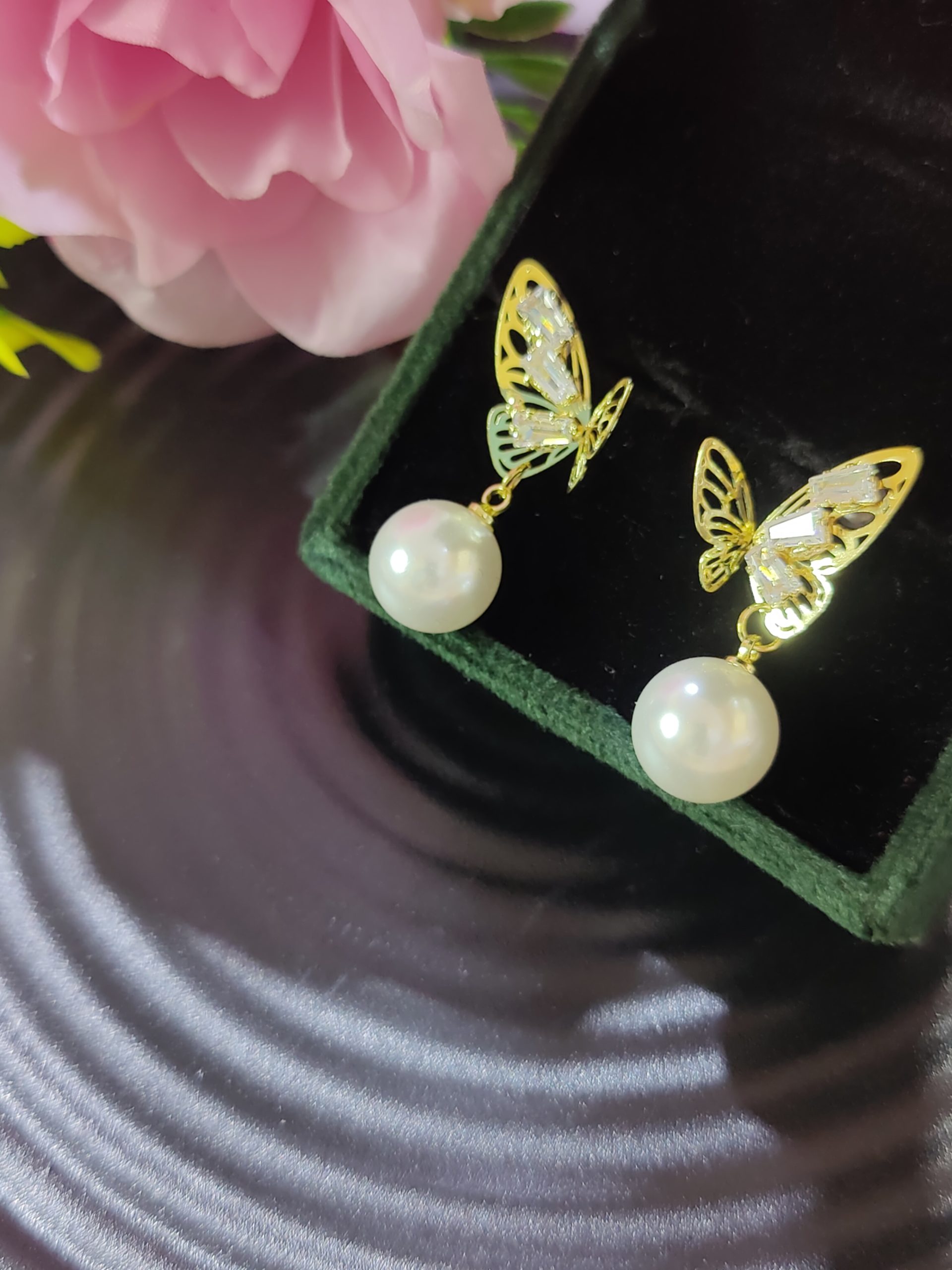 Korean Butterfly Pearl Drop Earrings