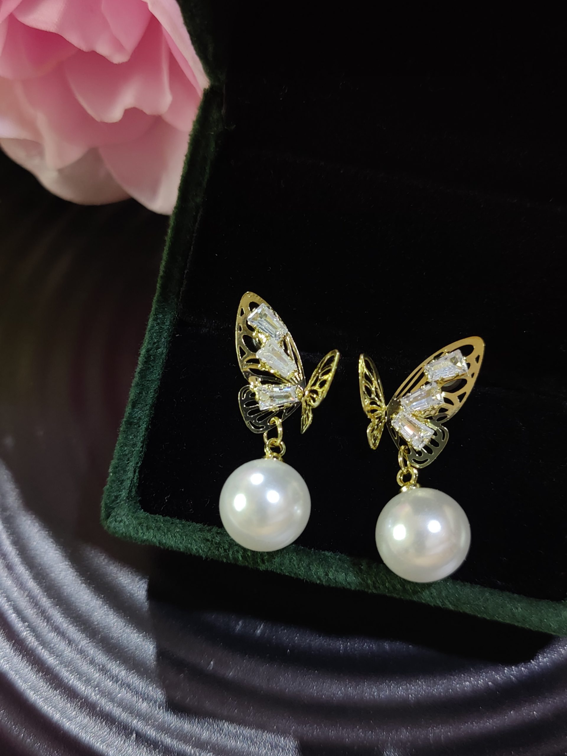 Korean Butterfly Pearl Drop Earrings - Image 4