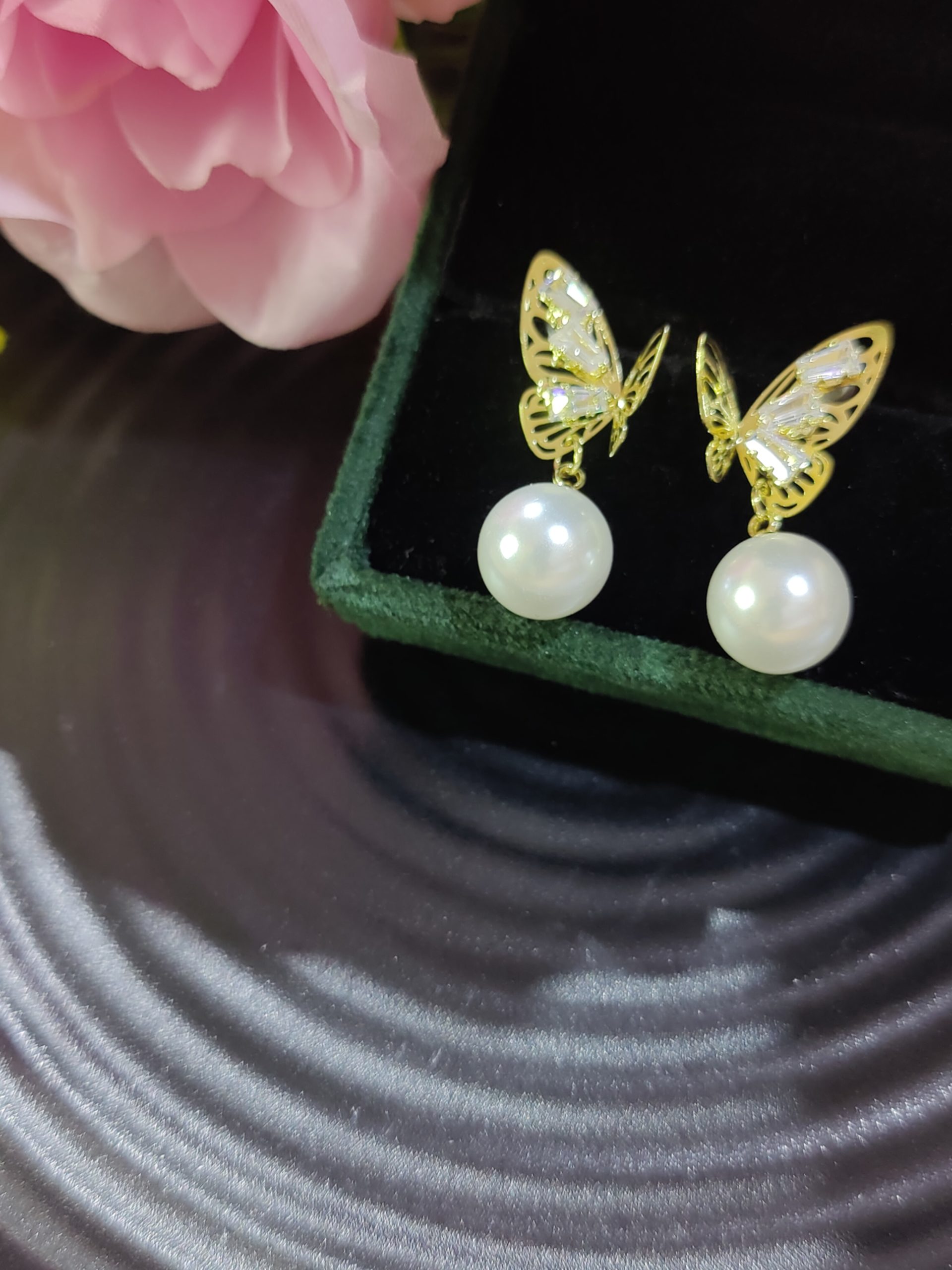 Korean Butterfly Pearl Drop Earrings - Image 2
