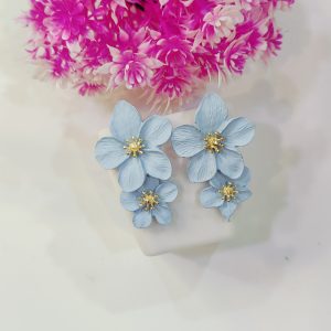 Unique Powder Blue Dual Flower Long Statement Earrings