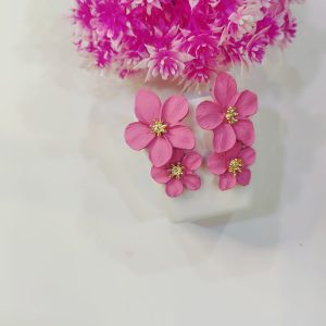 Gorgeous Pink Double Flower Long Statement Earrings