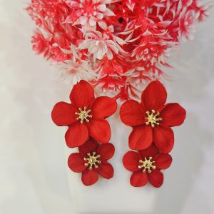 Beautiful Dual Red Flower Long Statement Earrings