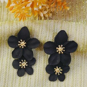 Bold Black Dual Flower Long Statement Earrings