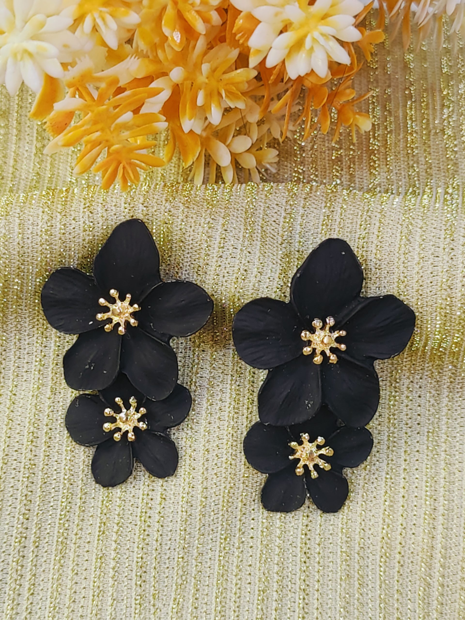 Bold Black Dual Flower Long Statement Earrings