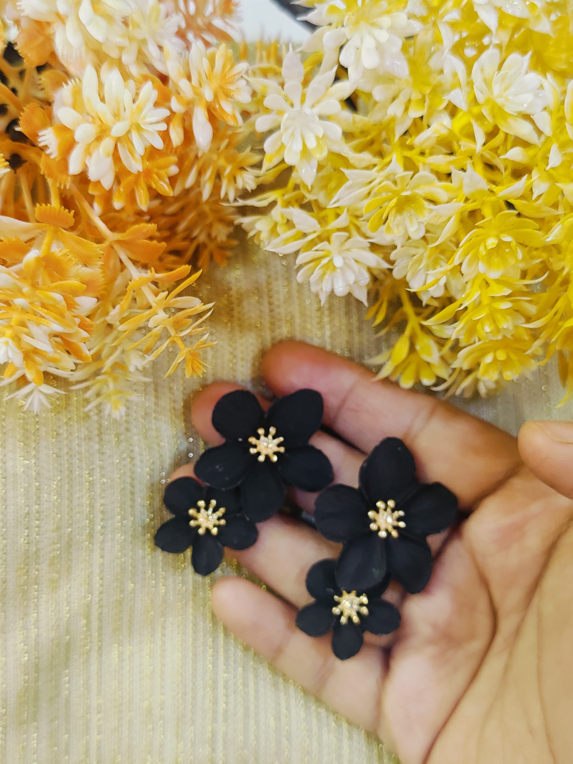 Bold Black Dual Flower Long Statement Earrings - Image 2