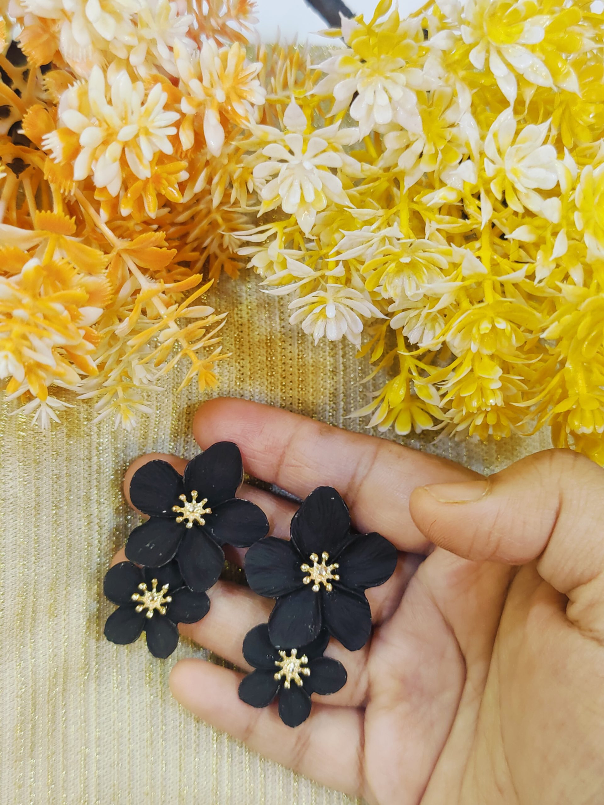 Bold Black Dual Flower Long Statement Earrings - Image 3