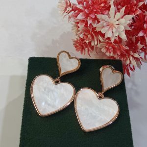 Classic White Dual Heart Statement Earrings With Marble Textured