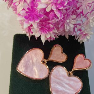 Elegant Pink Dual Heart Statement Earrings With Marble Textured Detailing