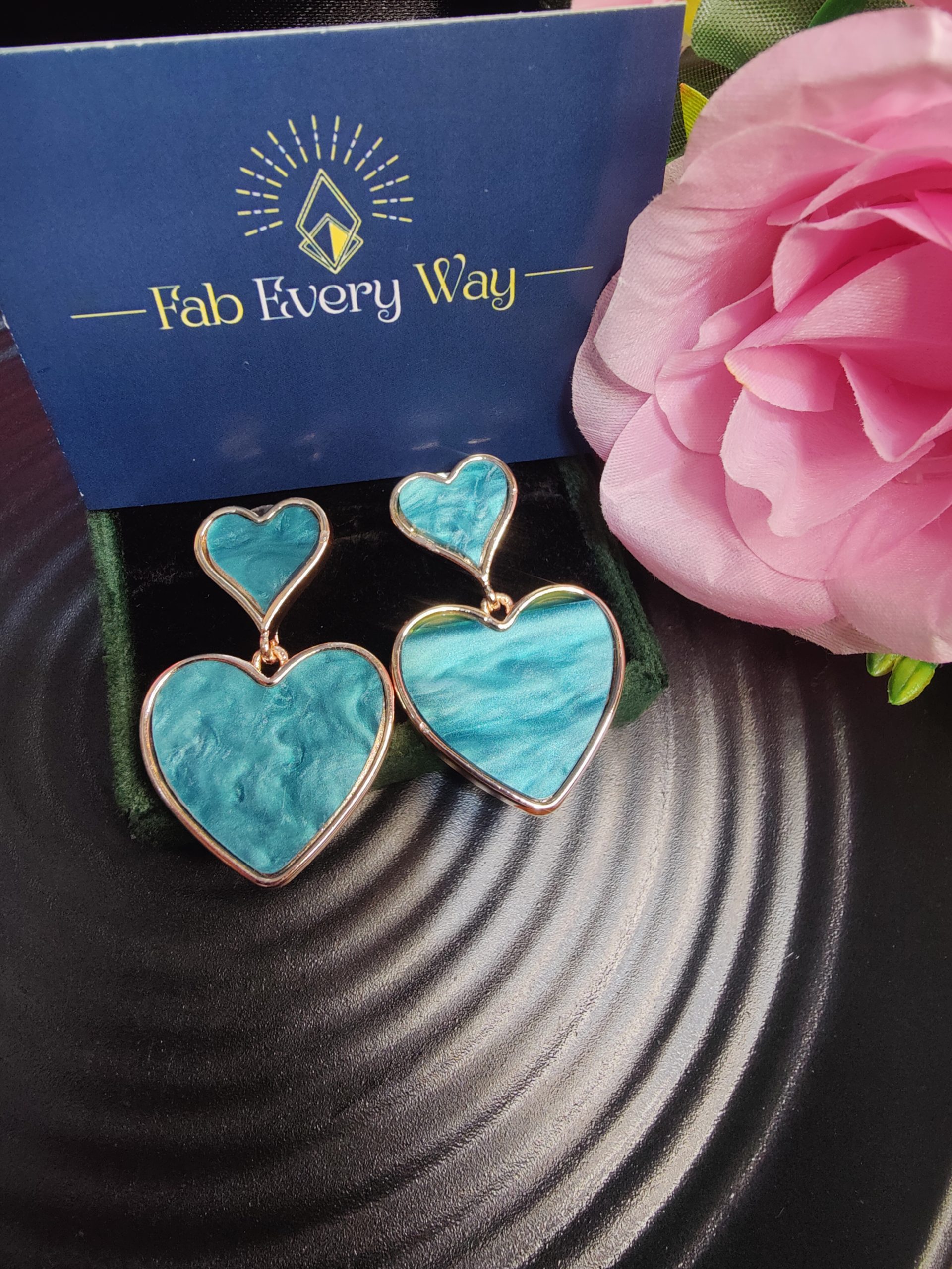 Mesmarizing Teal Green Dual Heart Statement Earrings With Marble Textured Detailing - Image 4